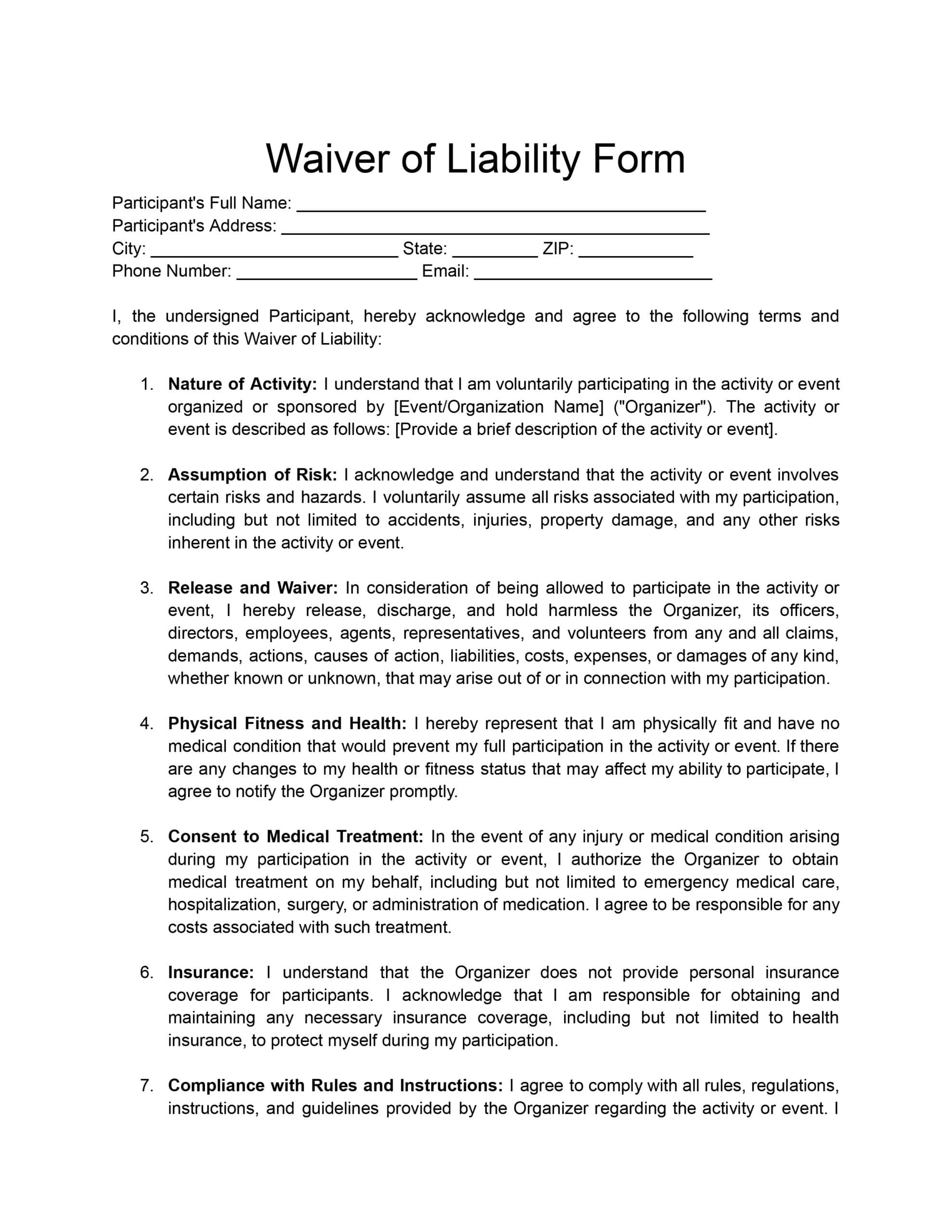 Free Waiver Of Liability Forms For Contractors Download Print In PDF Office GDocs 
