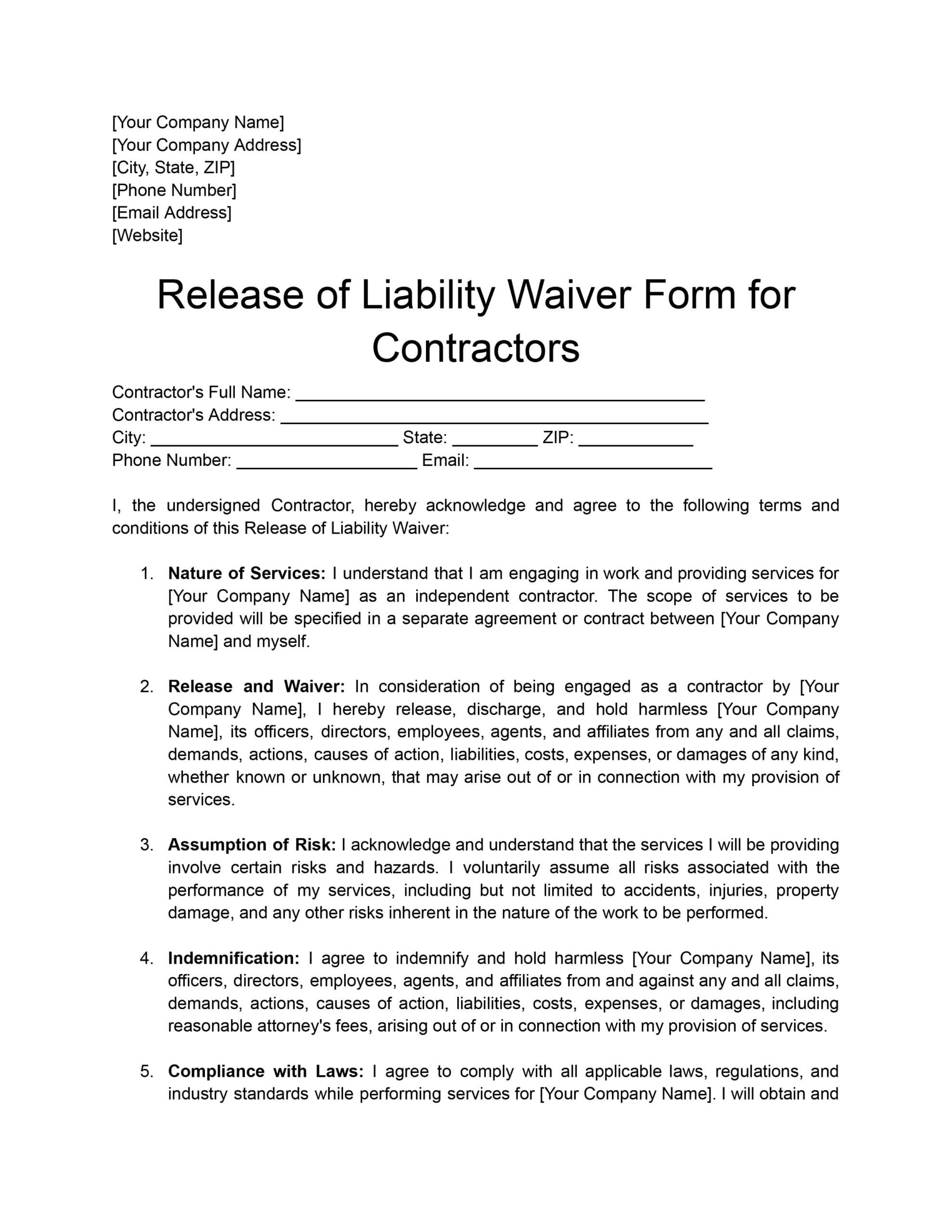 Free Waiver Of Liability Forms For Contractors Download Print In PDF Office GDocs 