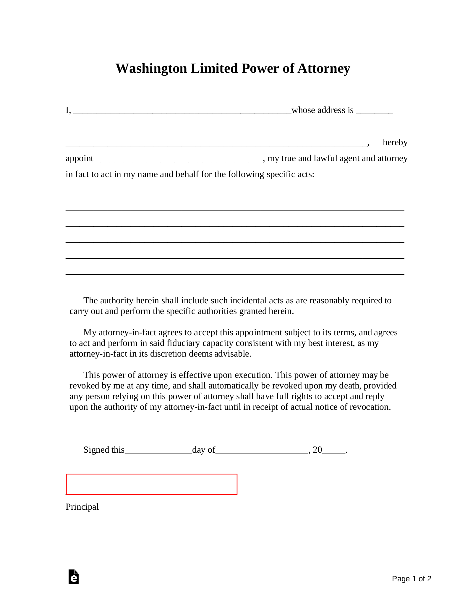 Free Washington Limited Power Of Attorney Form PDF Word EForms