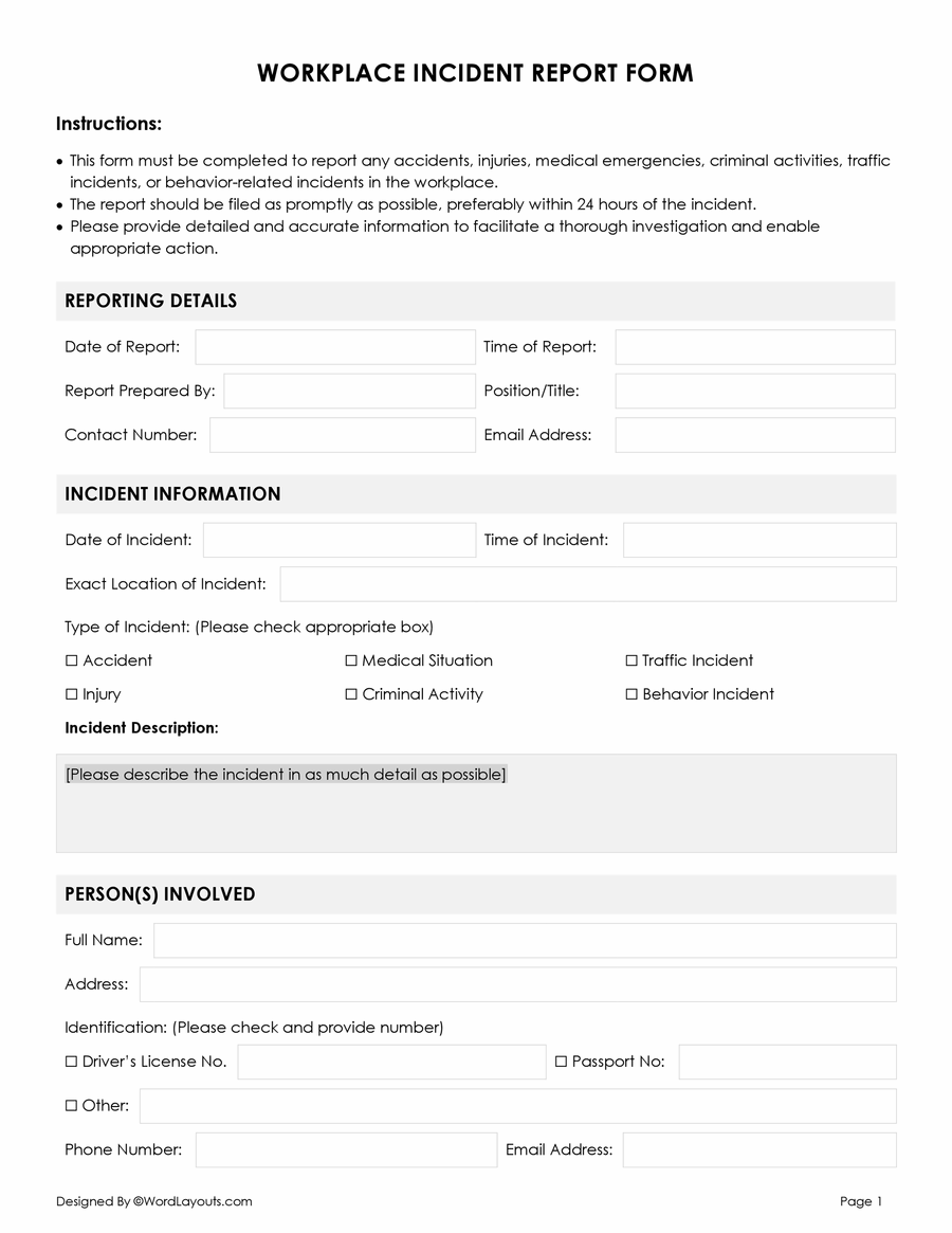 Free Printable Incident Report Form