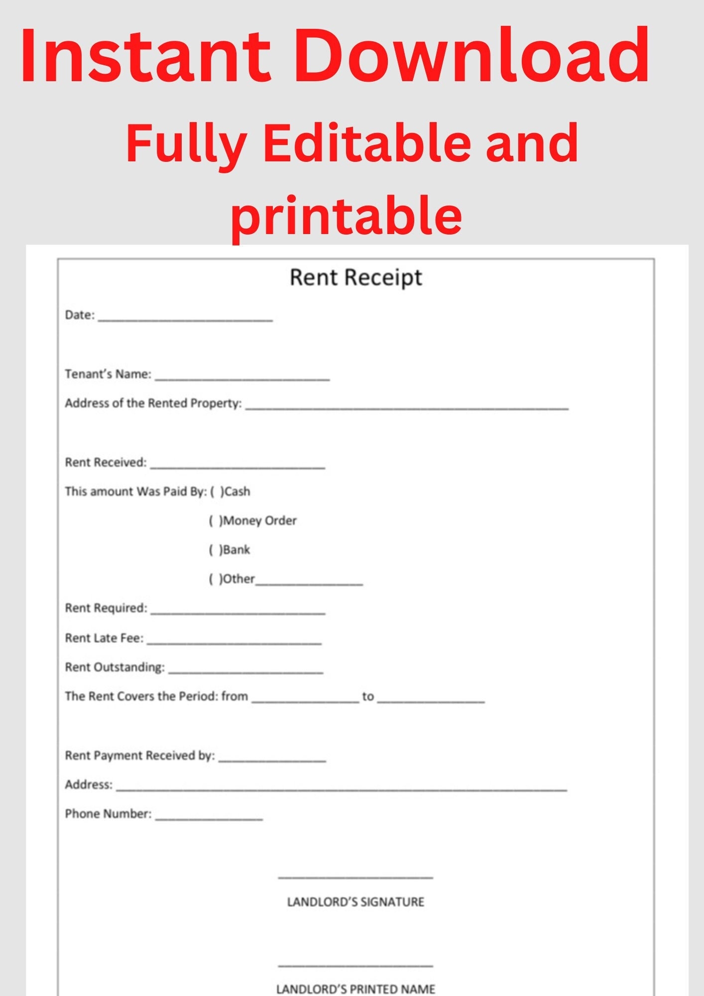 Fully Editable Landlord Rent Receipt Template I Tenant Rent Payment Receipt Proof Of Rent Payment Etsy