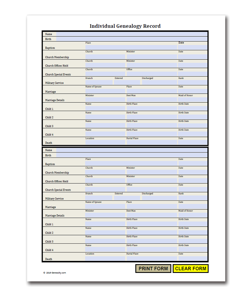 Printable Genealogy Forms Individual Worksheet