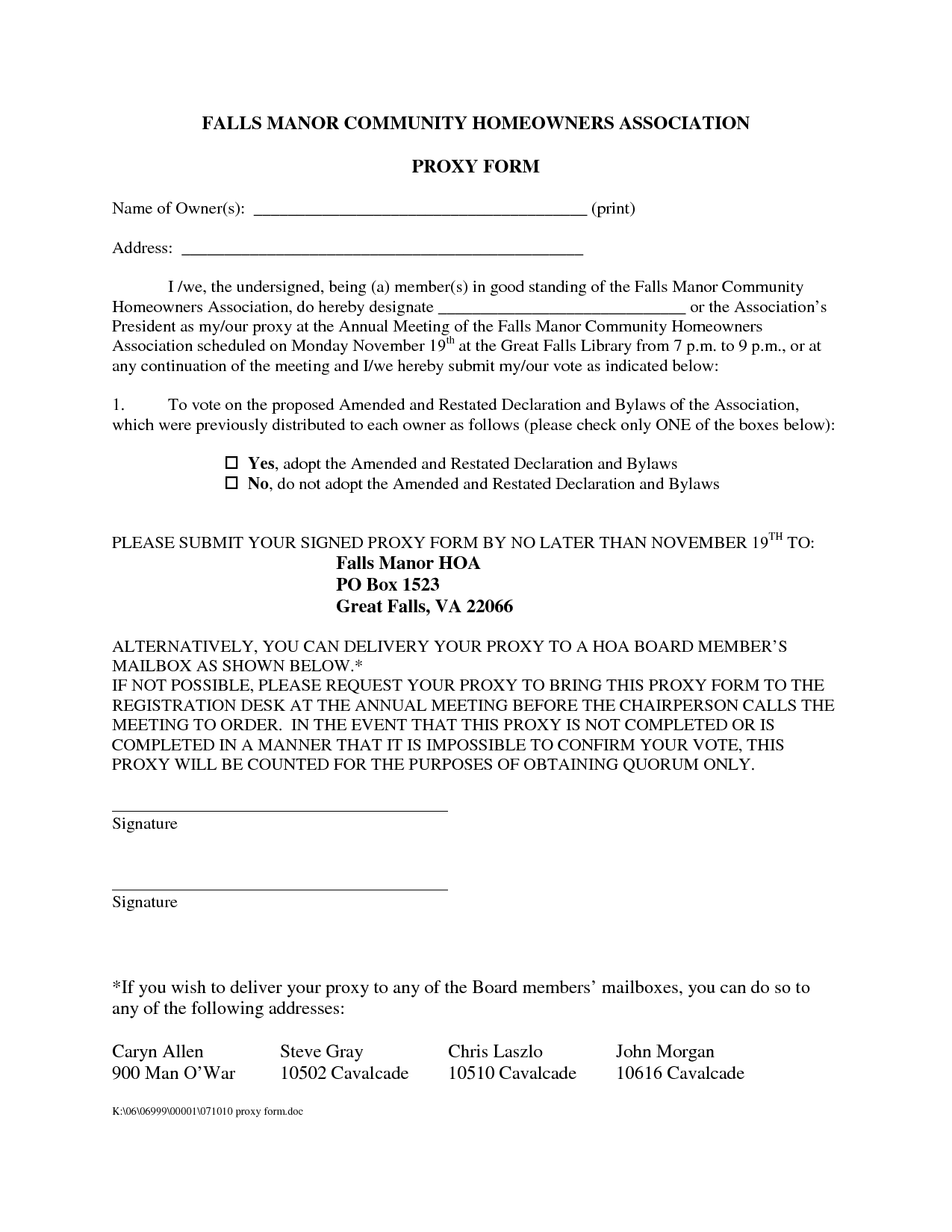Hoa Proxy Form Template Free Printable Documents