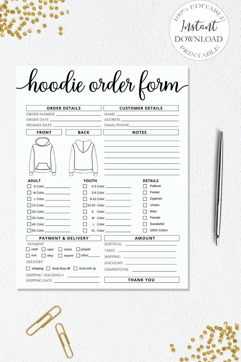 Hoodie Order Form Template I Editable Canva Invoice Template I T shirt Small Business Form I Custom Order Form Printable I Crafters Forms Etsy