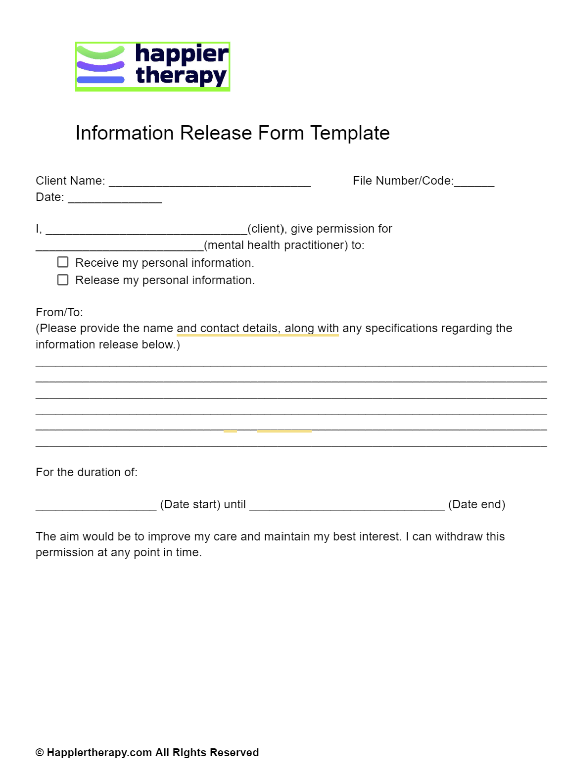 Information Release Form Template HappierTHERAPY