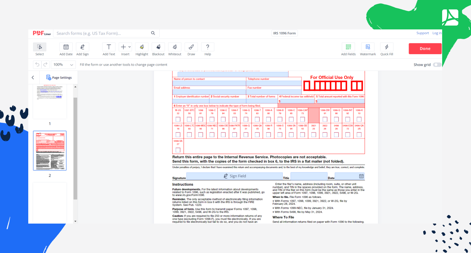 IRS 1096 Form 2024 Printable Blank Sign Forms Online PDFliner