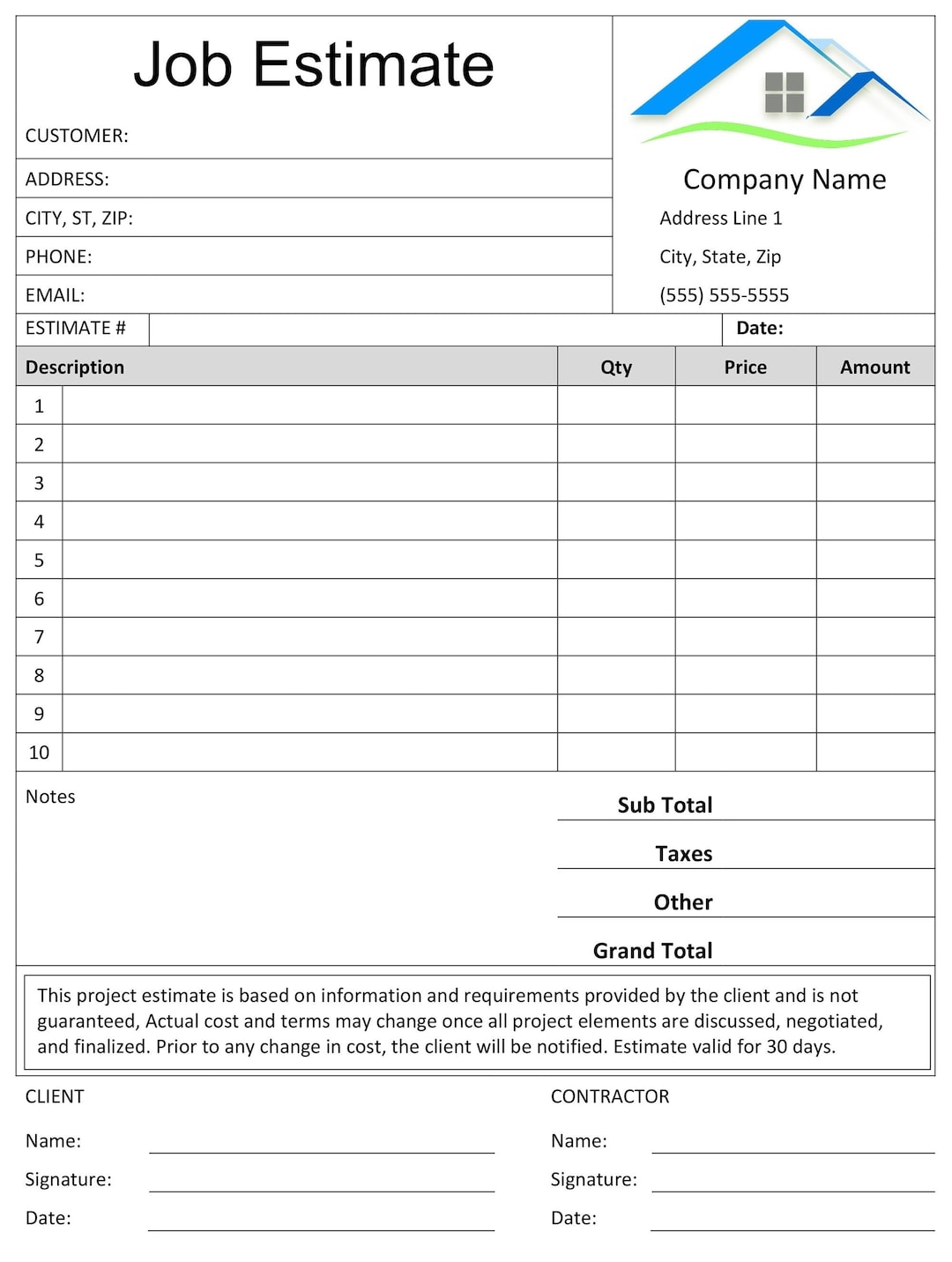 Job Estimate Template Microsoft Word Editable Doc Google Doc Printable Construction Bid Form Etsy UK