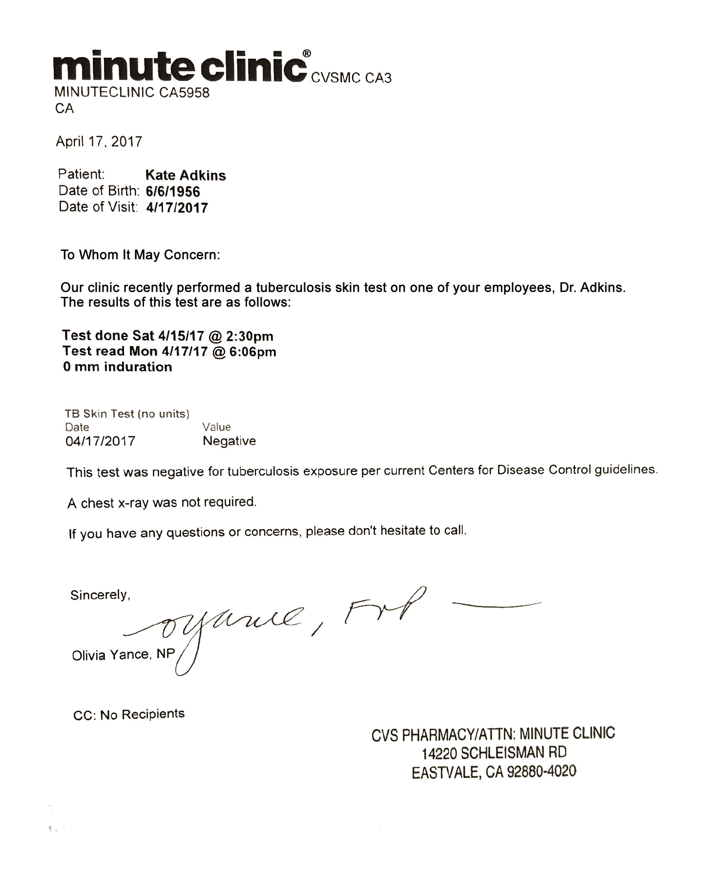 Kate Adkins M D PPD Test Results 2017