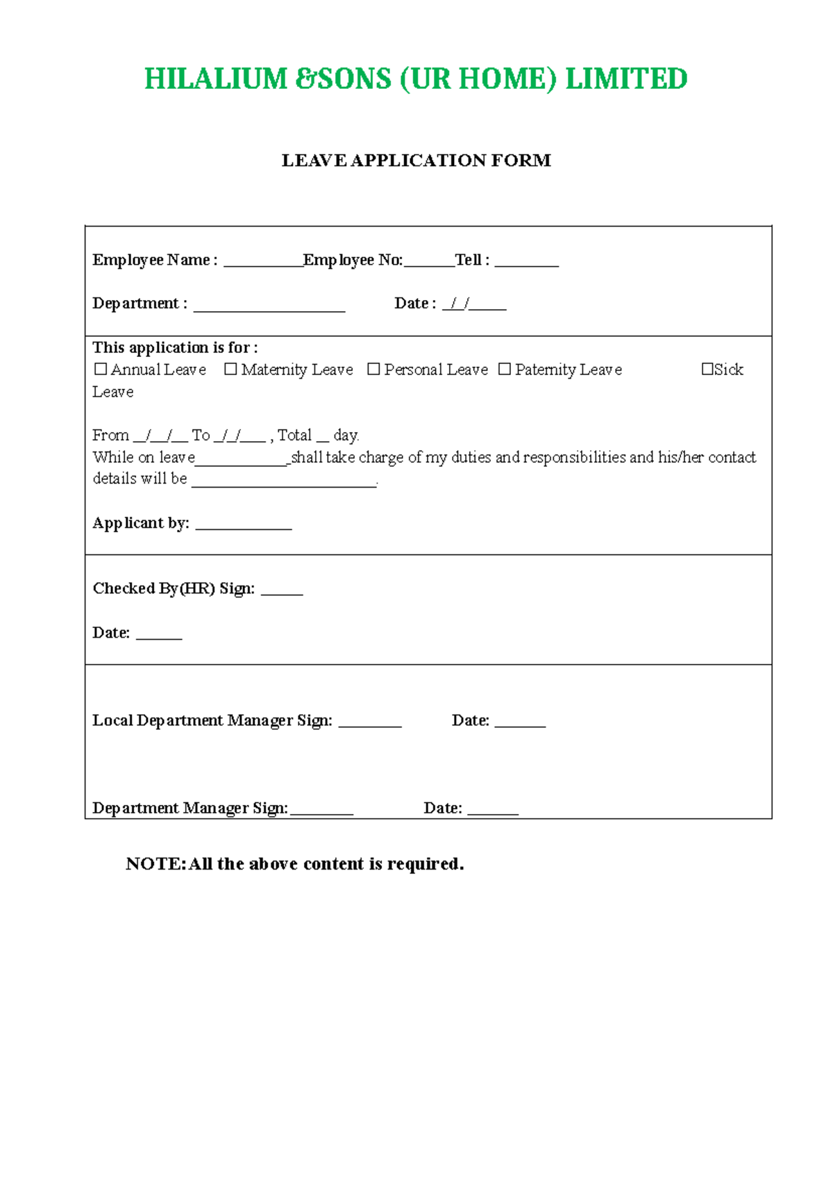 Leave Application FORM HILALIUM amp SONS UR HOME LIMITED LEAVE APPLICATION FORM Employee Name Studocu