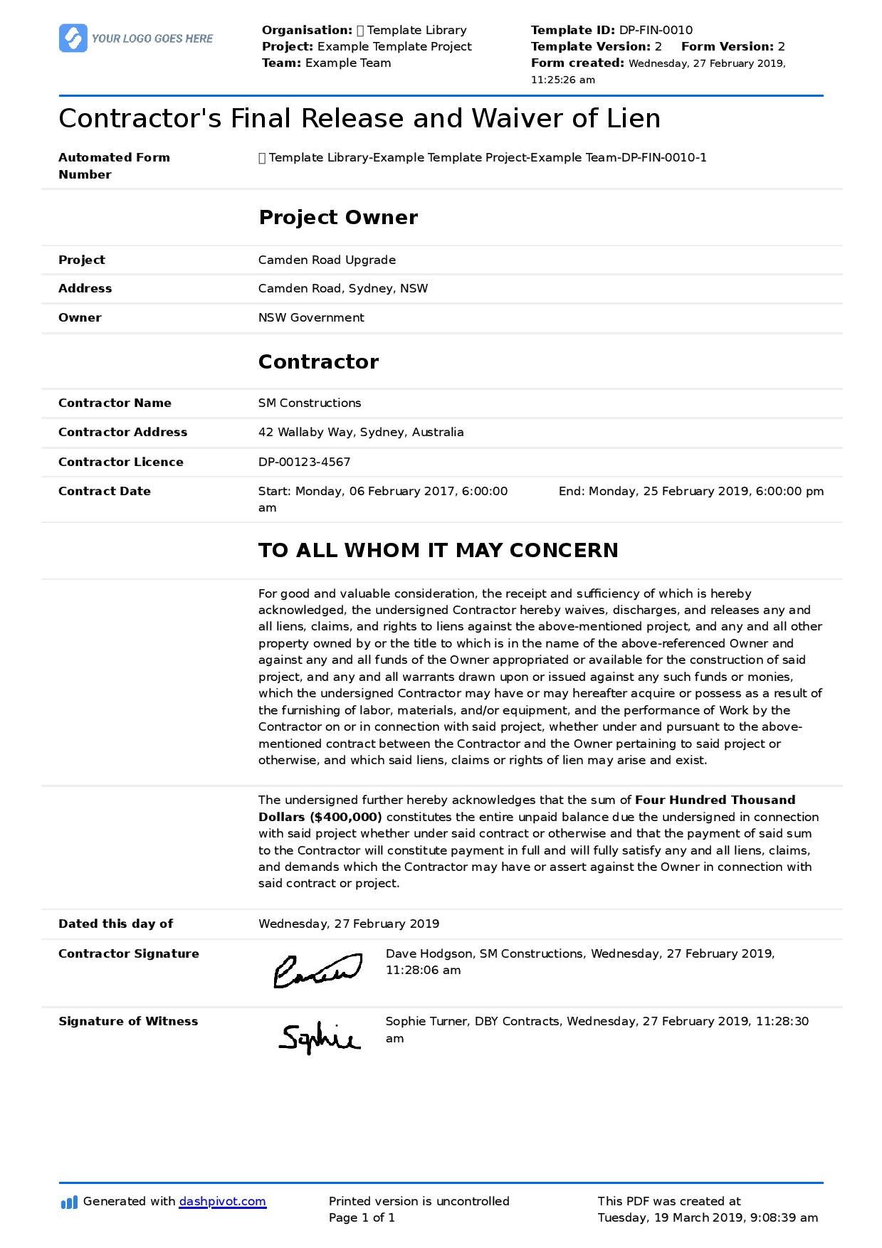 Lien Waiver Form Contractor A Free Lien Waiver Form For Contractors