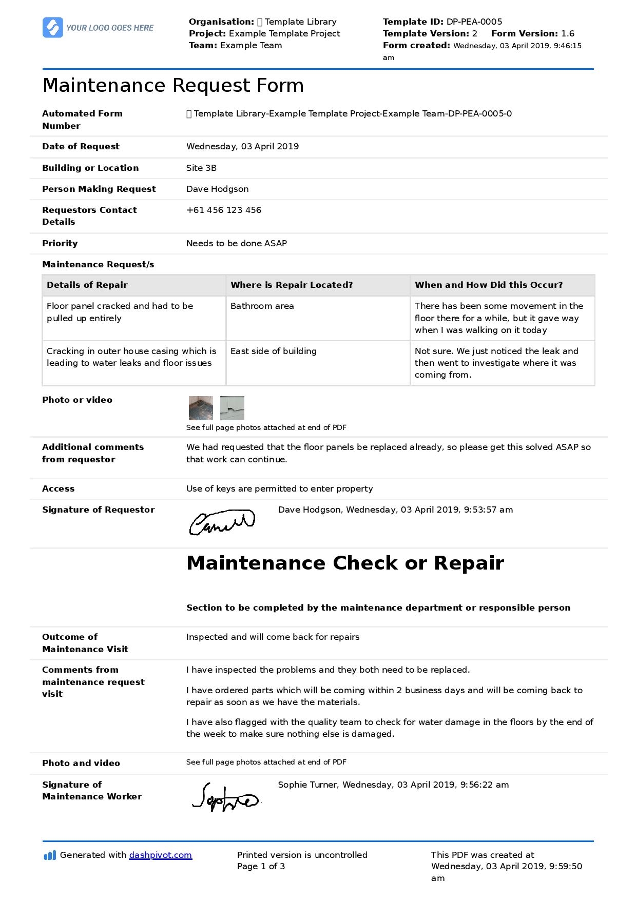 Printable Maintenance Request Form