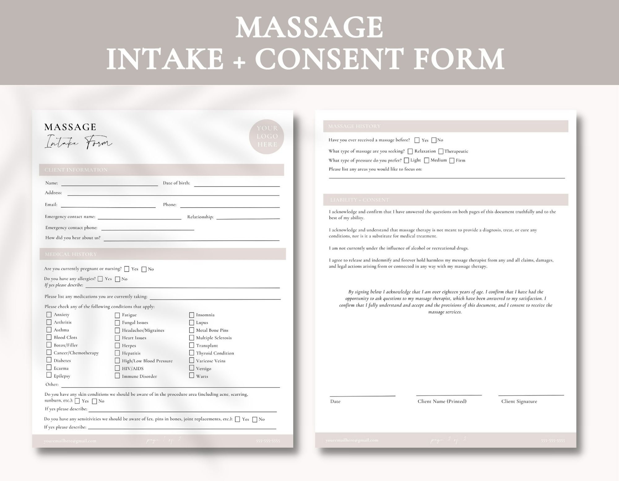 Massage Client Intake Form Editable Client Intake Form Massage Client Massage Therapist Form Massage Contract Editable Intake Form Etsy