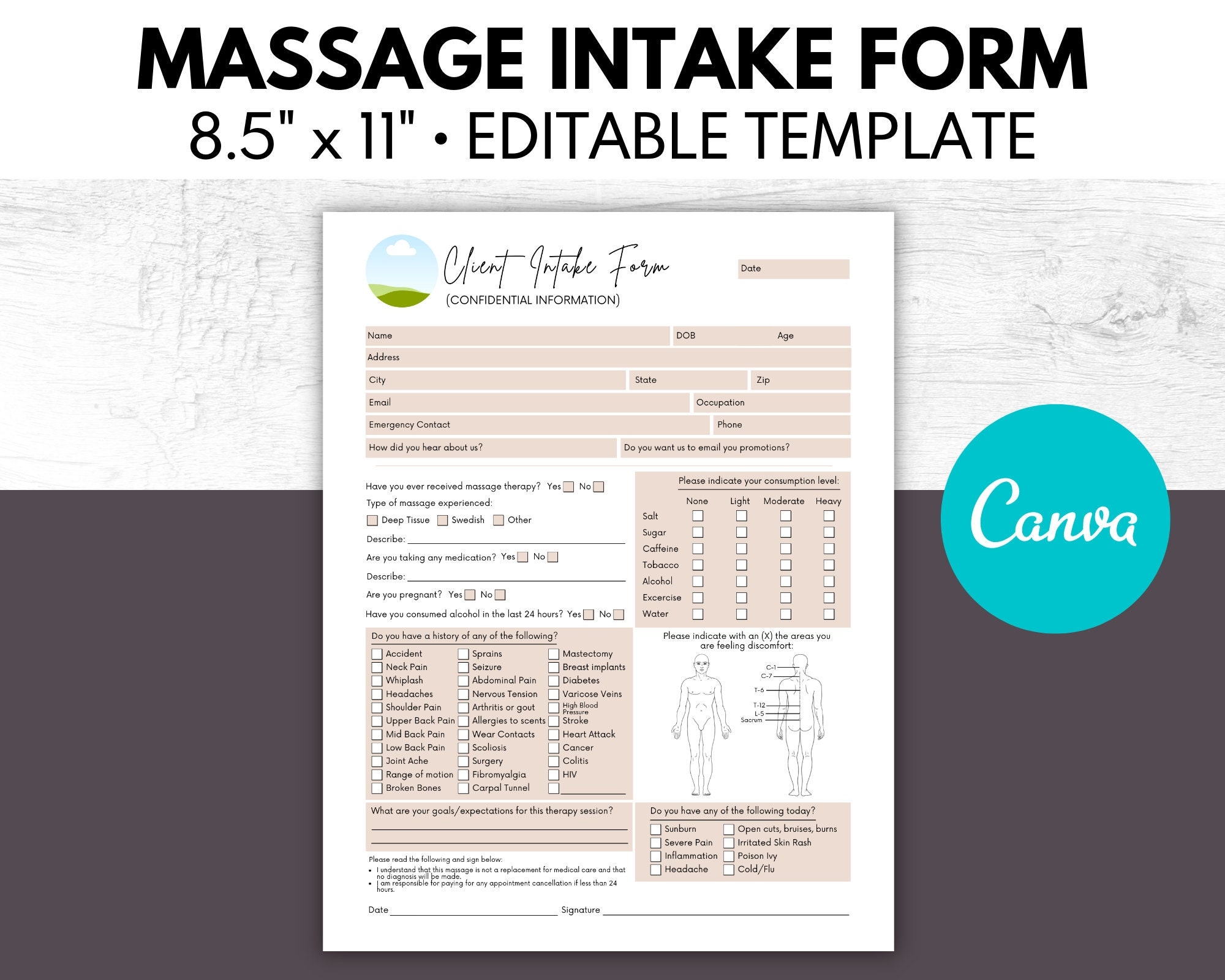 Massage Intake Form Massage Consent Form Massage Therapist Esthetician Business Form Medical History Form Customize In Canva Etsy