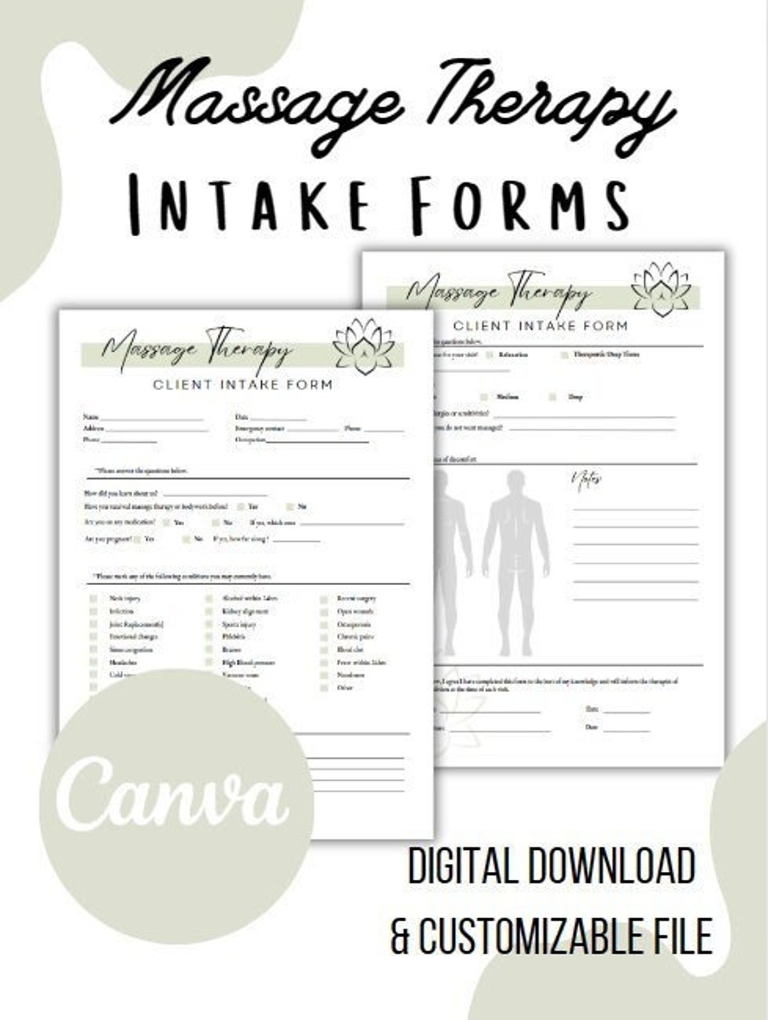 Massage Therapy Intake Form Massage Therapy Consent Form Canva Template PDF Etsy