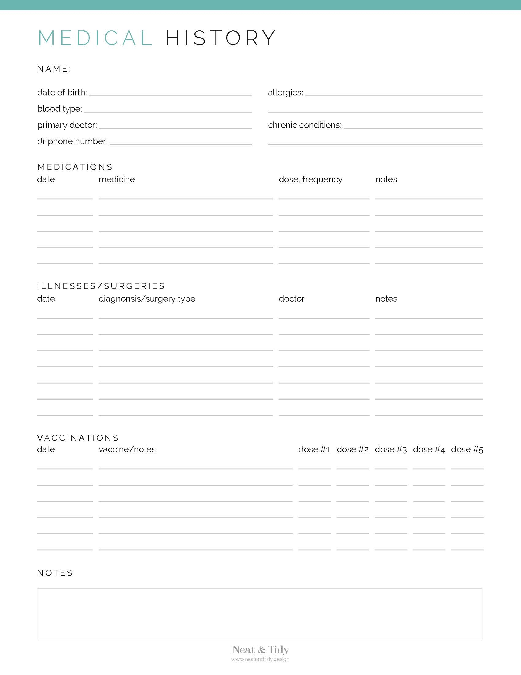 Printable Medical History Forms