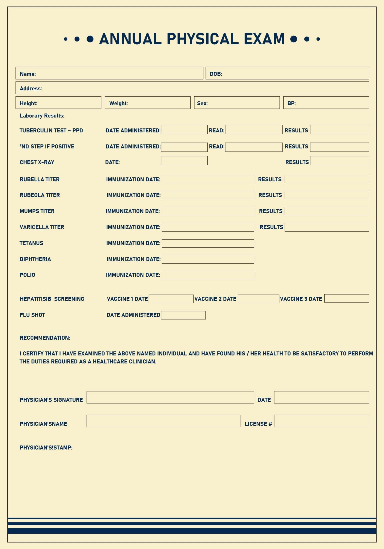 Printable Physical Examination Form