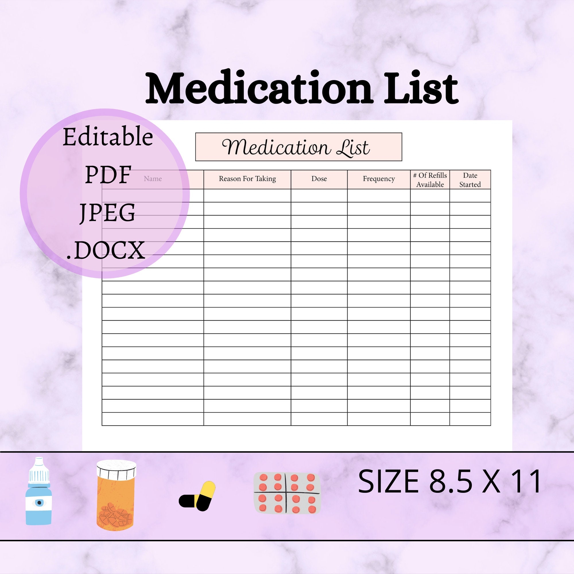 Medication List Editable And Printable Template PDF JPG DOCX Worksheets Library