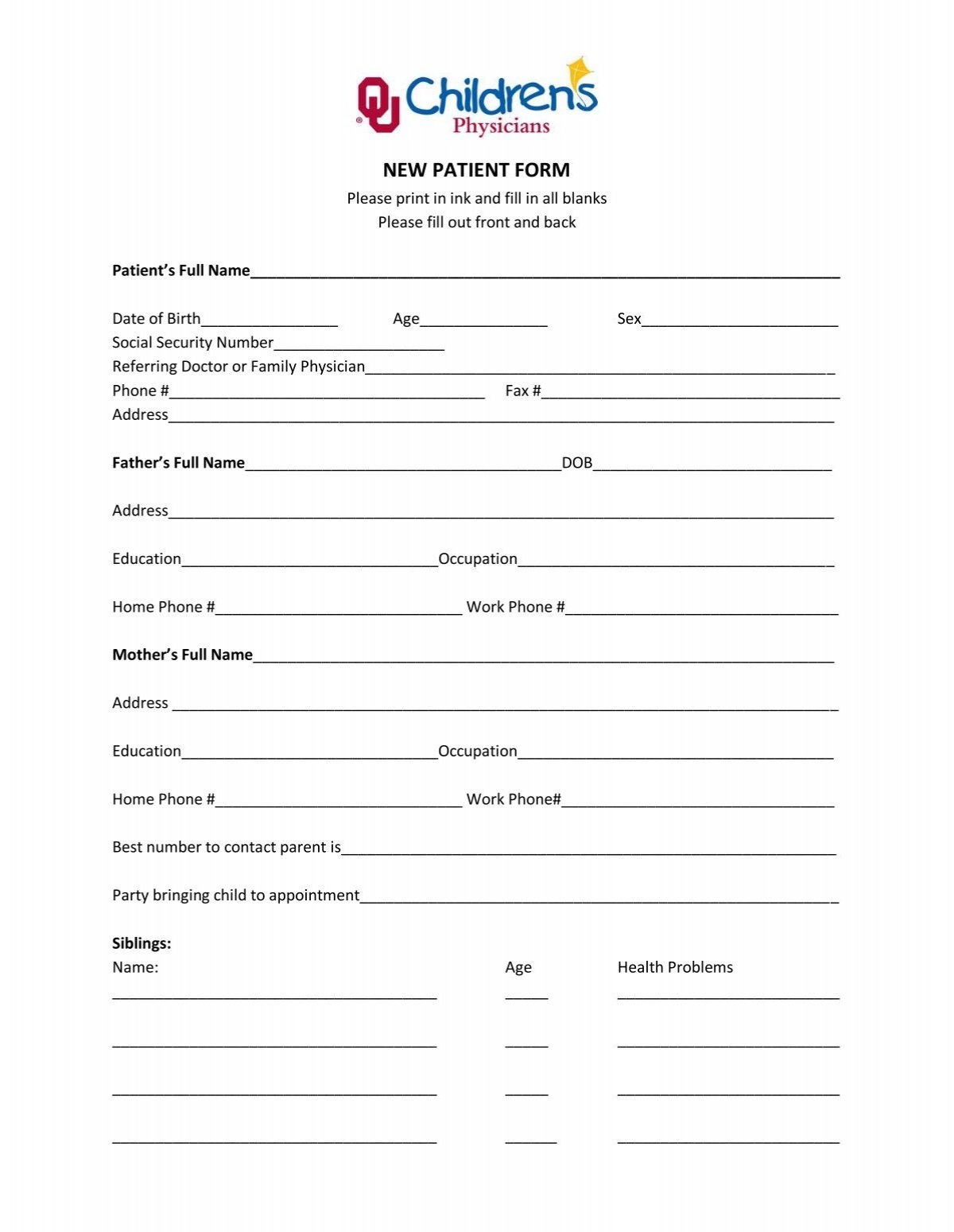 Printable New Patient Forms