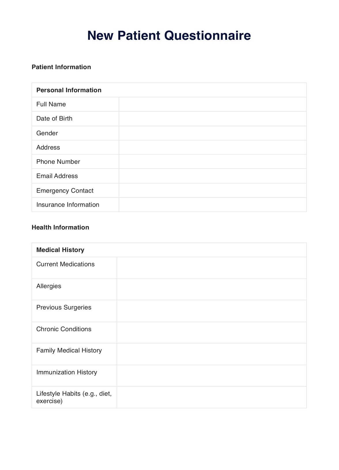 New Patient Questionnaire Example Free PDF Download