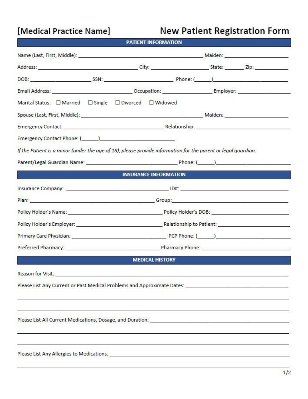 New Patient Registration Form Template word Editable Printable Etsy