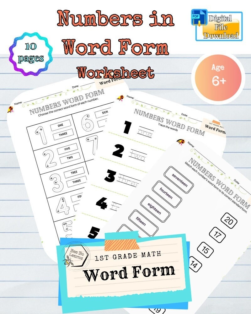 Numbers In Word Form Worksheet For Kids Ages 6 7 8 9 10 1st Grade Math Numbers Activities PDF Digital File Instant Download Printable Etsy UK