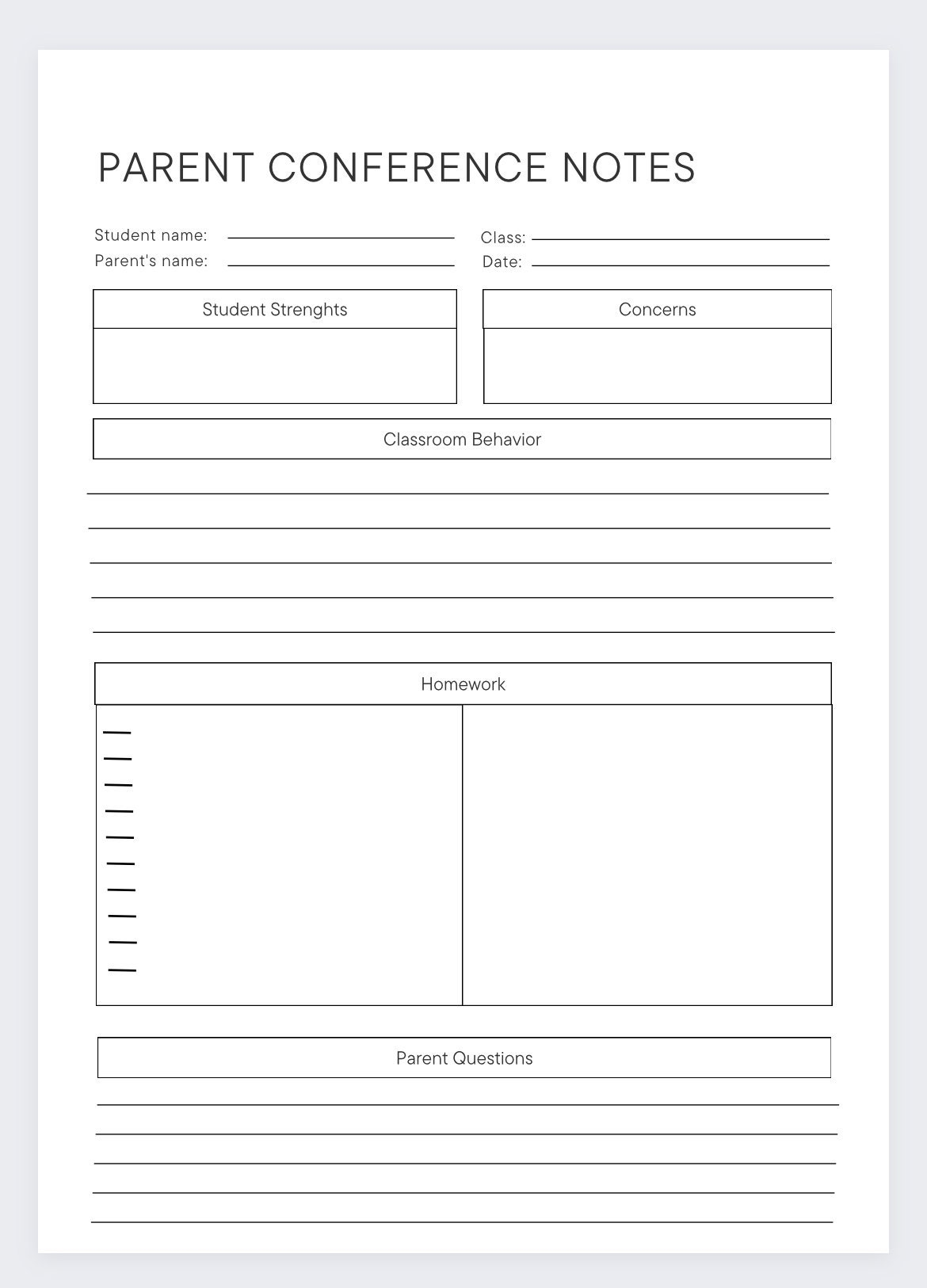 Parent Teacher Conference Form Free Printable