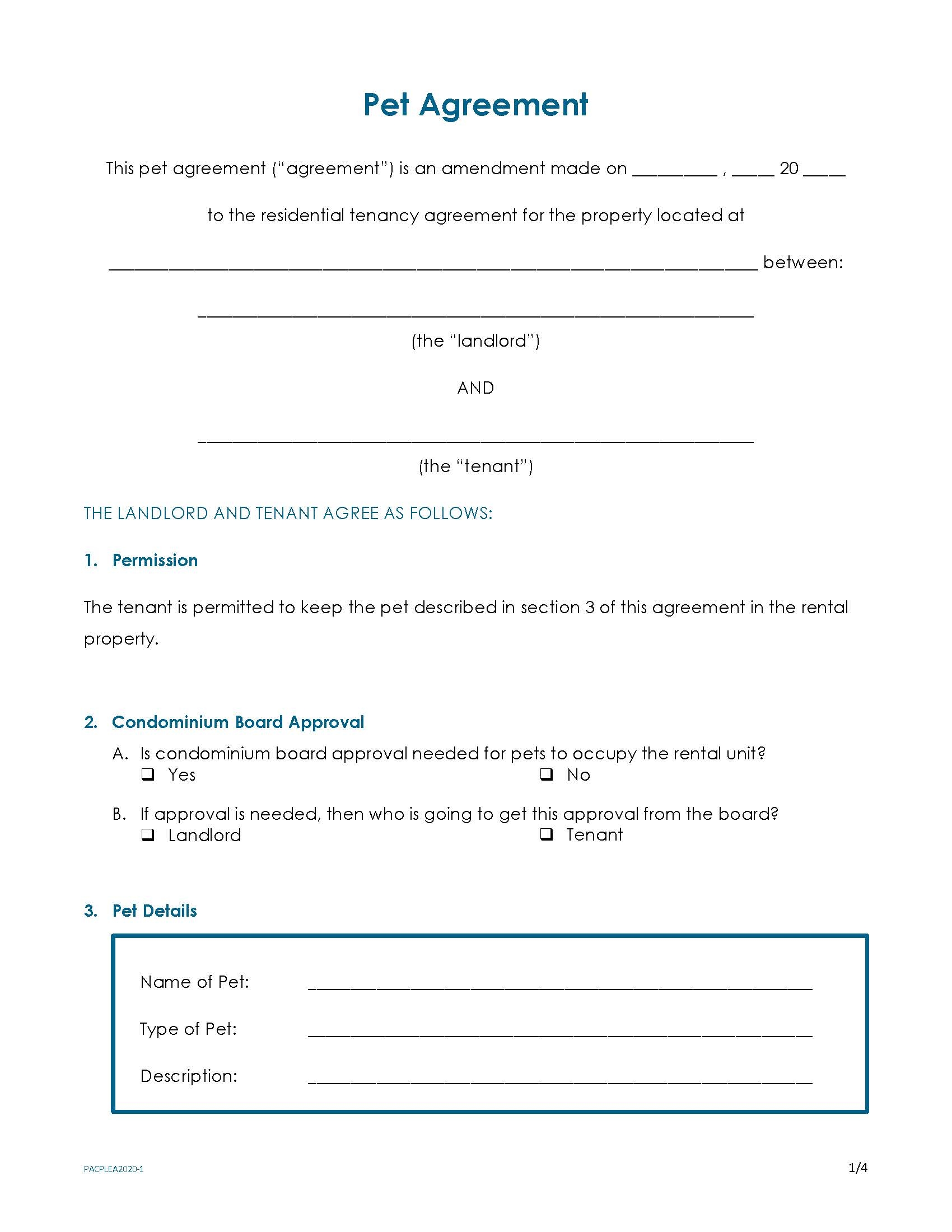Pet Agreement For Rental Properties Fillable Form CPLEA CA