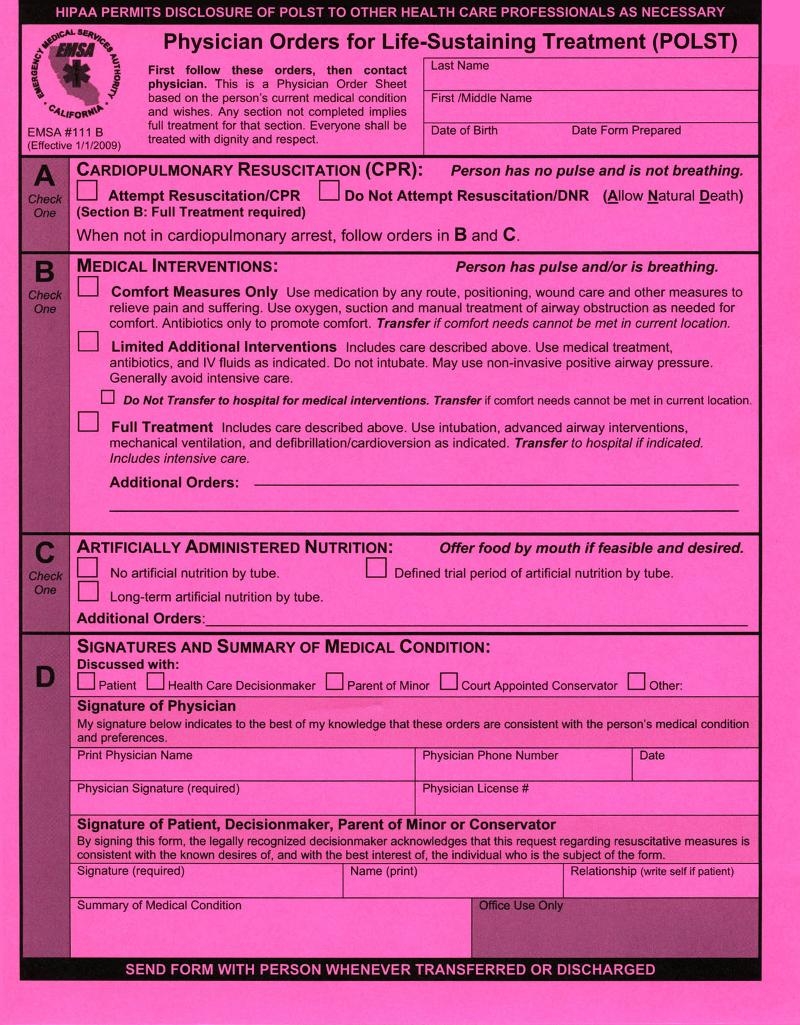 Physician Orders For Life Sustaining Treatment POLST