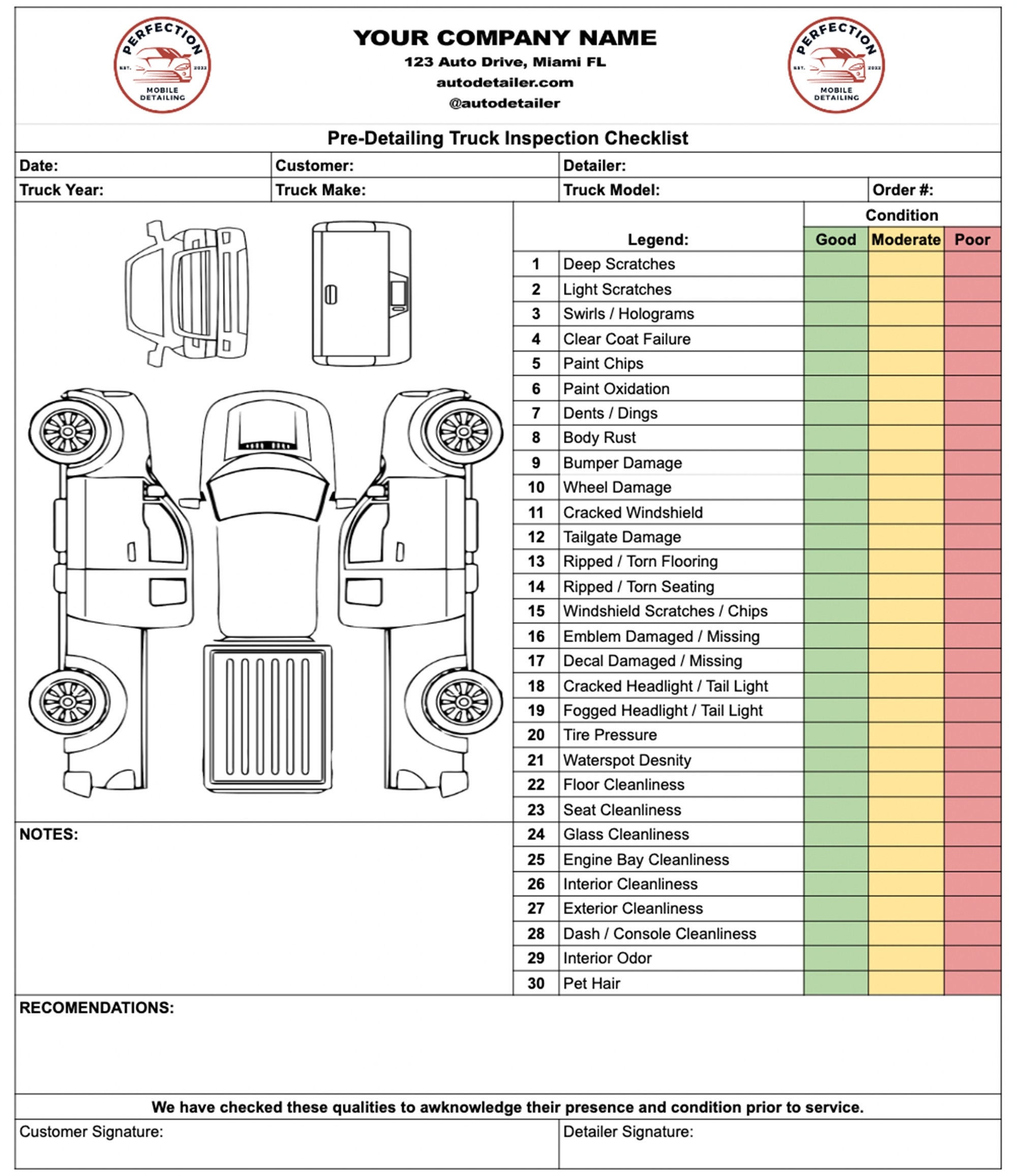 Pre detailing Truck Inspection Checklist For Auto Detailers Dealerships Service Departments Etsy
