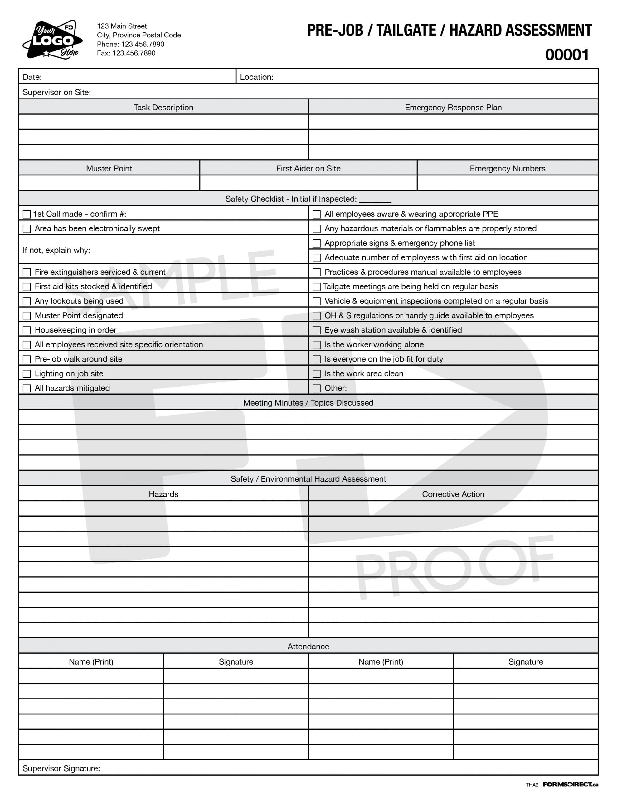 Pre Job Hazard Assessment THA2 Custom Template Forms Direct