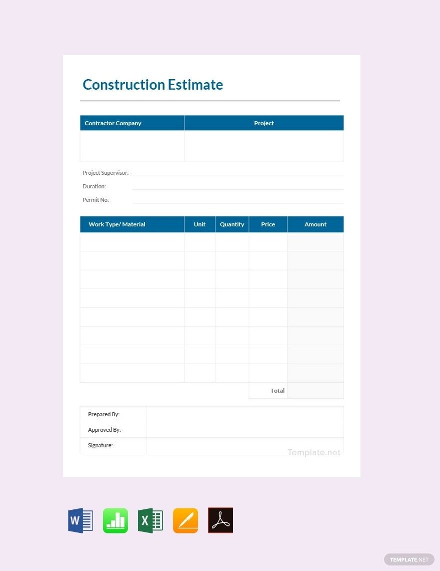 Printable Construction Estimate Template In Word Google Sheets Worksheets Library