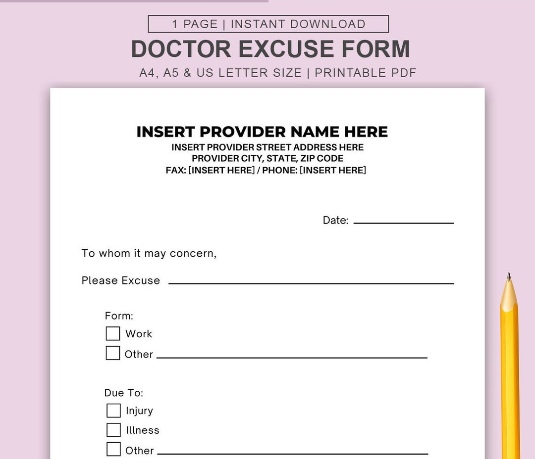 Printable Doctor Excuse Template Medical Office Forms Work Excuse Form Etsy