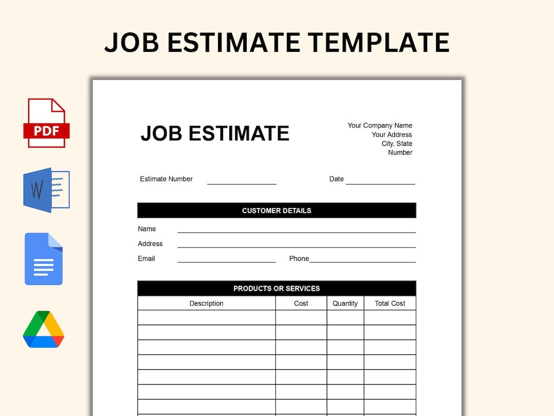 Printable Job Estimate Template Contractor Estimate PDF Word Google Doc Etsy