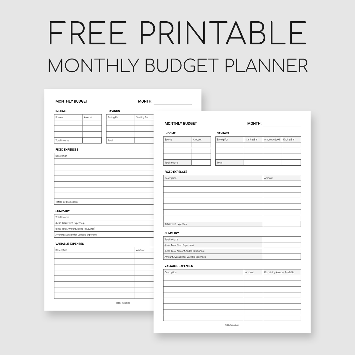 Monthly Budget Forms Printable