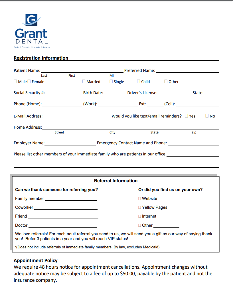 Printable Patient Forms Grant Dental
