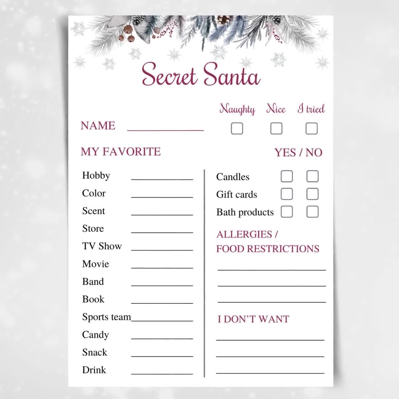 Printable Secret Santa Questionnaire 5x7 Work Secret Santa Info Cards Christmas Gift Exchange Questions Secret Santa Christmas Wish List Etsy Norway