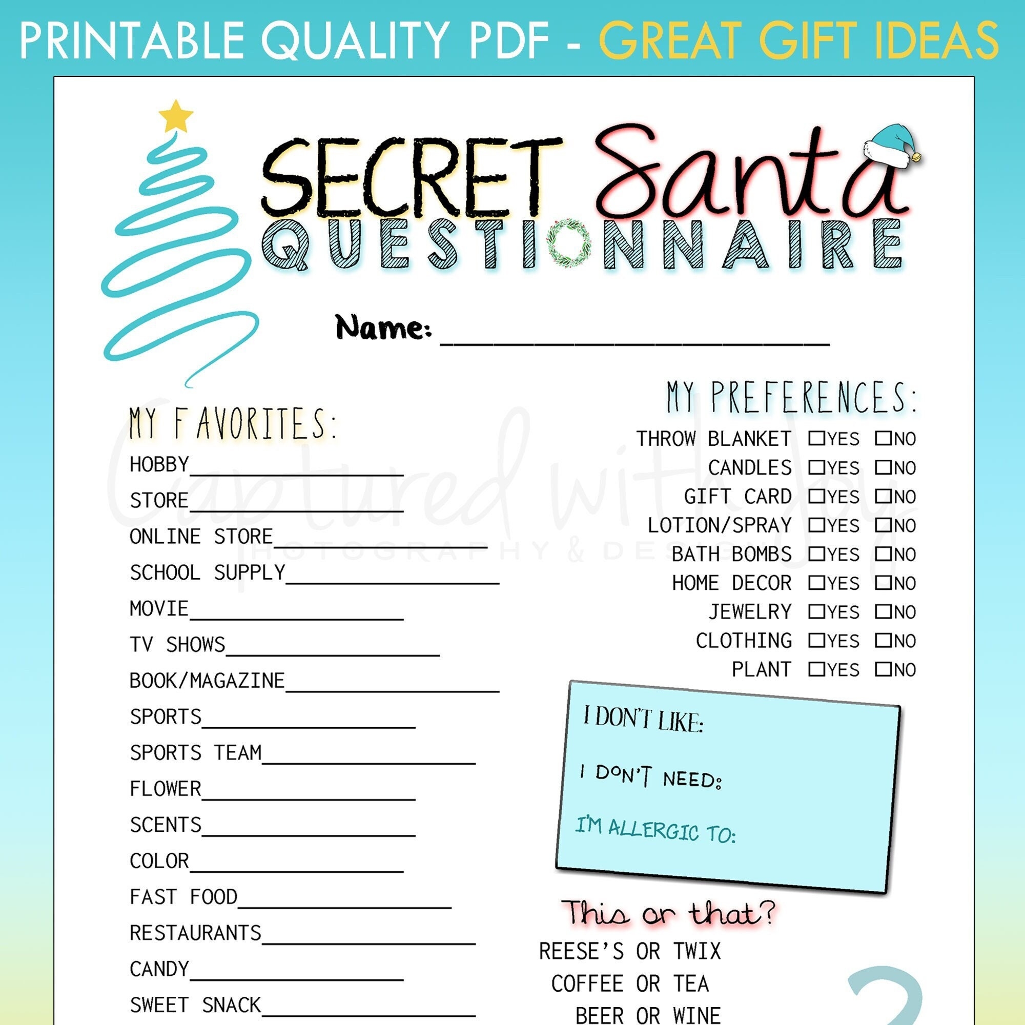 Printable Secret Santa Questionnaire For Gift Exchange work Or Personal Etsy UK