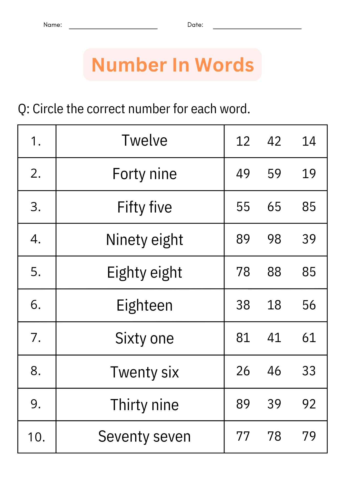 Numbers In Word Form Printable