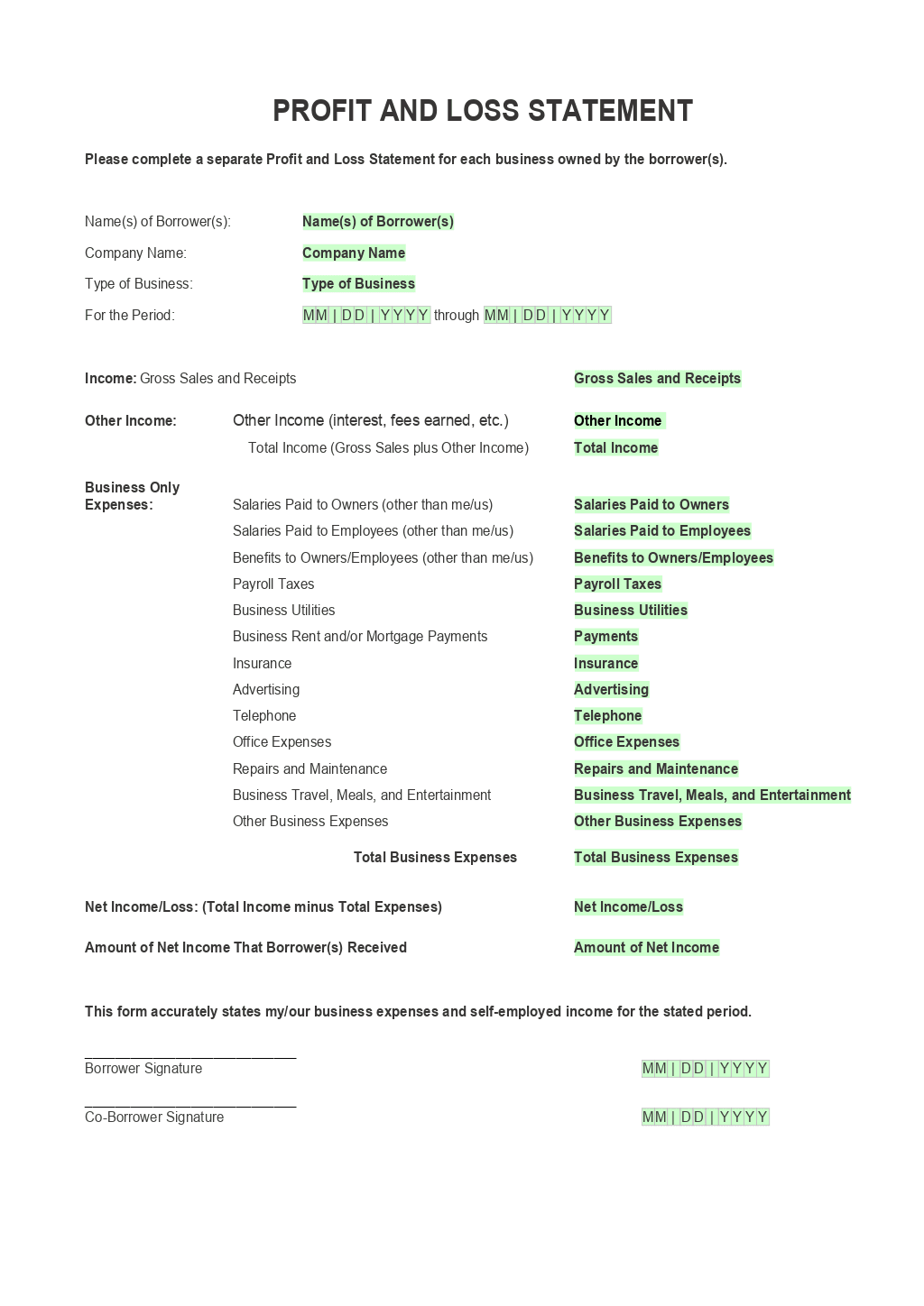 Profit And Loss Statement Template ONLYOFFICE