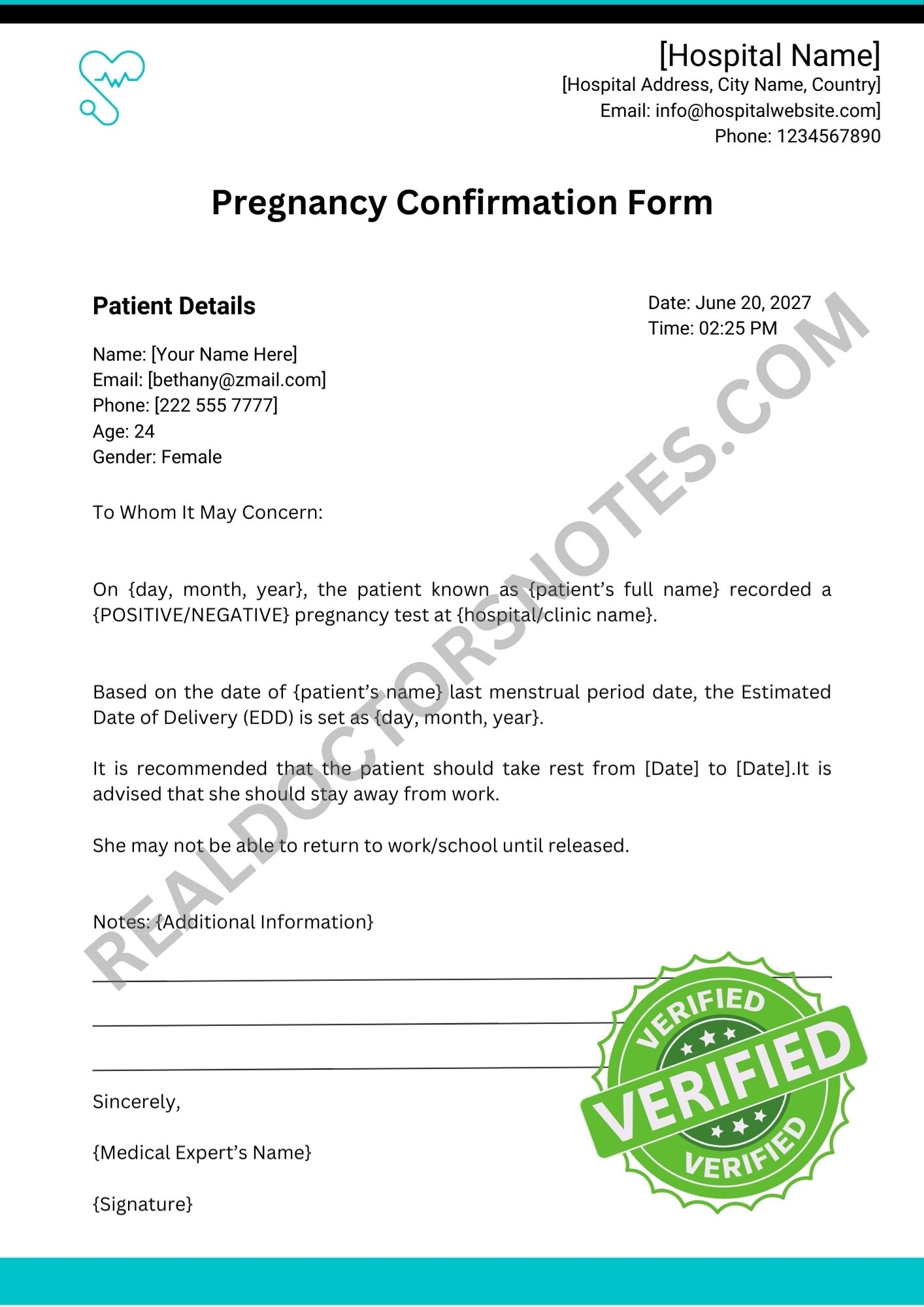 Proof Of Pregnancy Form From Doctor Template