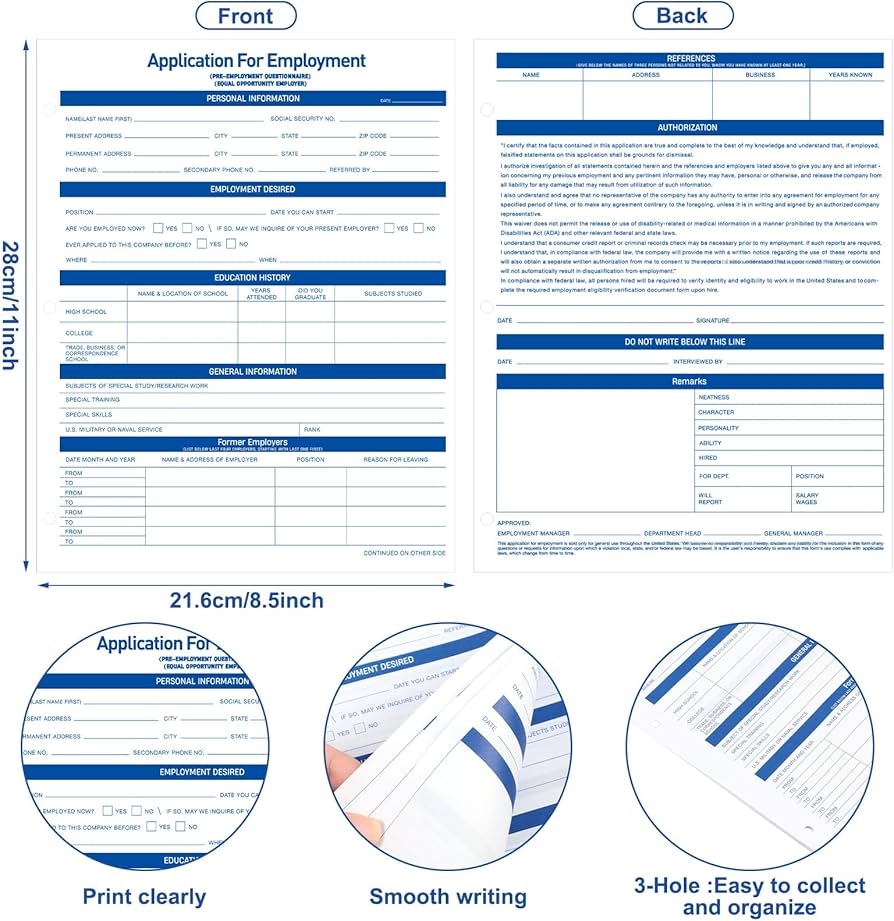 Qilery 200 Sheets Employment Applications 2 Page Application Form 8 5 X 11 Compliant Employment Application Forms For Recording Employee Personal Information Amazon de Stationery Office Supplies
