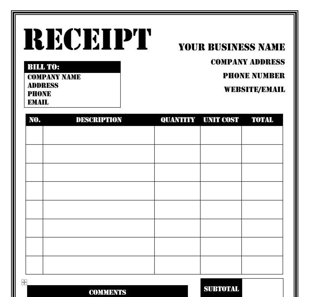Receipt Template 4 Printable Editable Customizable Microsoft Word Template Black And White Etsy UK