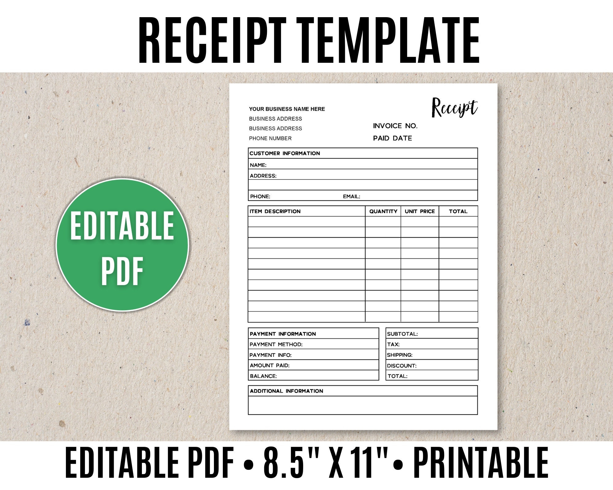 Receipt Template Editable Printable Order Receipt Editable PDF Etsy