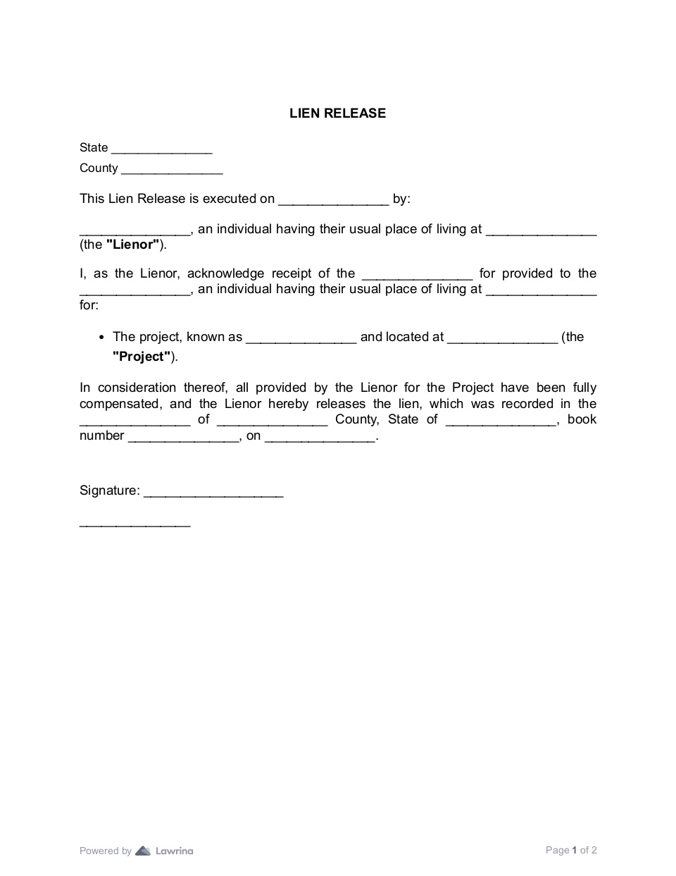 Printable Lien Release Form