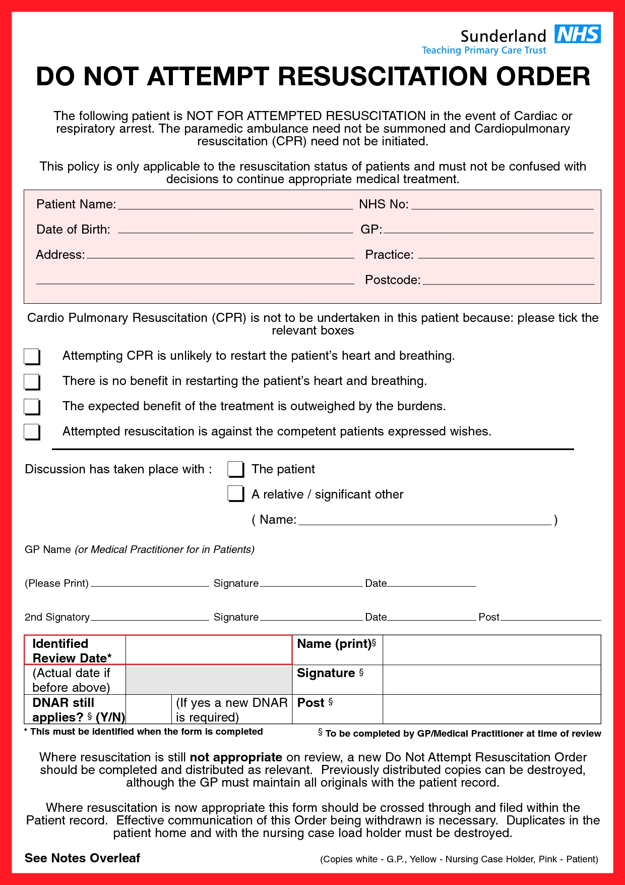 Sample DNAR Forms For NHS Staff Do Not Resuscitate Forms And Information