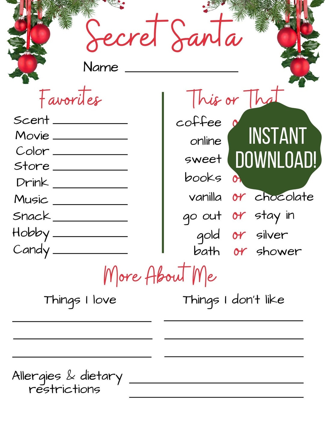 Printable Secret Santa Forms
