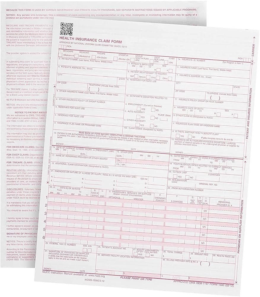 SecurityDocs CMS 1500 Health Insurance Forms 500 Sheets 8 5 X 11 Cm OMB Approved Compatible With Laser Inkjet Printer And Invoice Software OMB 0938 1197 Form 1500 0 02 12 12 12 Amazon de Stationery Office Supplies