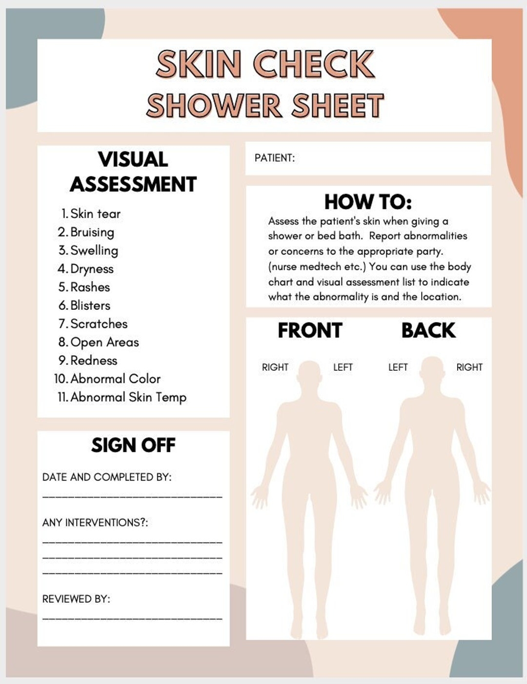 Shower Skin Assessment For Nurses Or Healthcare Workers Etsy Canada