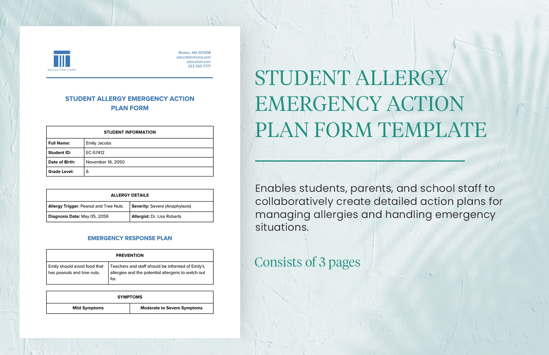 Student Allergy Emergency Action Plan Form Template In Word PDF Google Docs Download Template