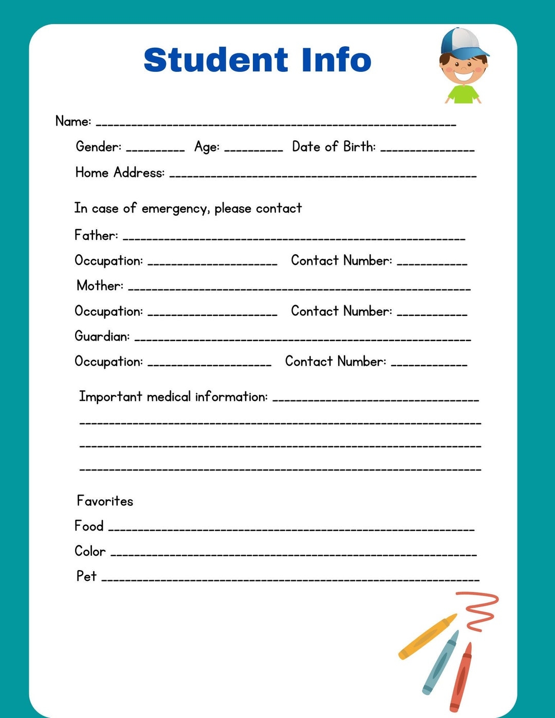 Student Info Sheet Boy Information Sheet Elementary Information Daycare childcare Template Etsy